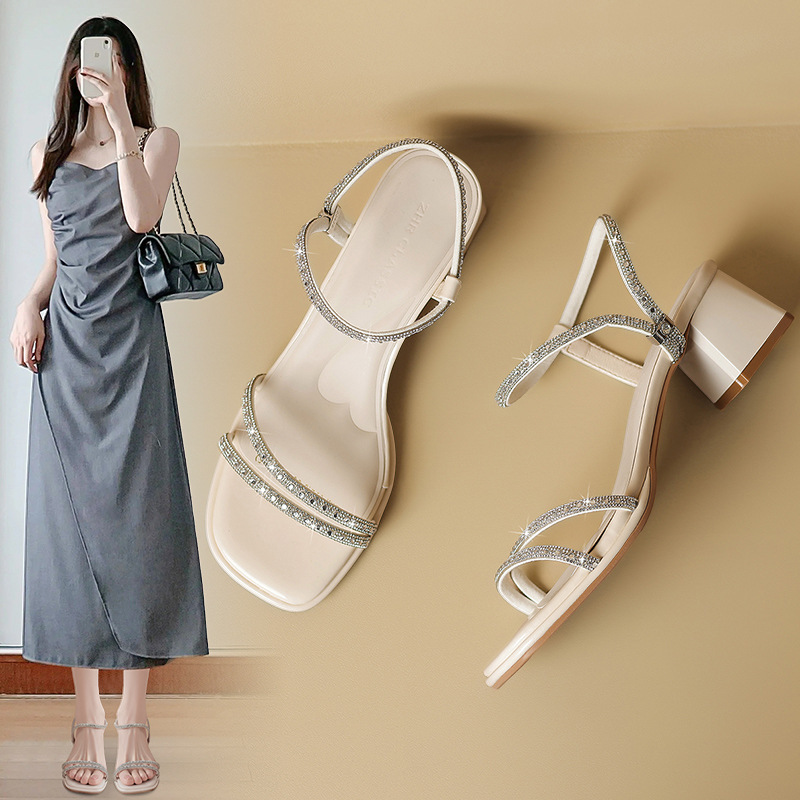 ZHR is versatile rhinestone sandals for women to wear 2025 summer new fairy thick heel sandals with high heels