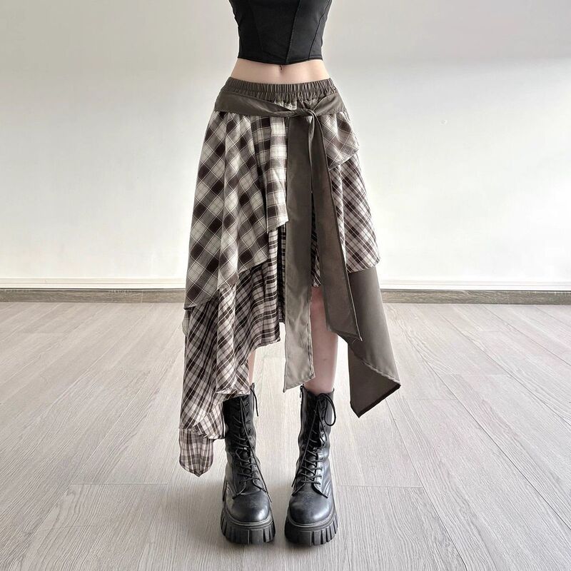 Street-Style Retro Brown Plaid Patchwork Irregular Skirt with Straps, Low-Waist Slimming A-Line Long Skirt