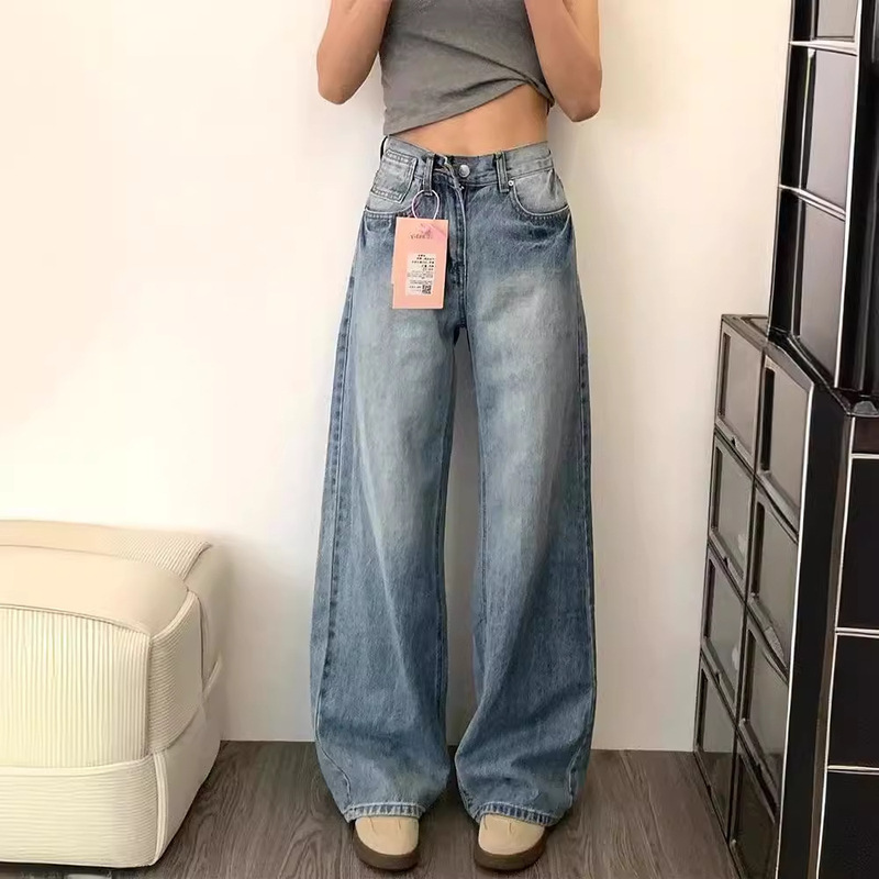 American Style Retro Washed Blue Jeans Women's Summer New Arrival Fashionable All-Match High Waist Slimming Straight Pants