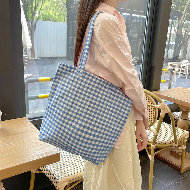 Japanese Large Capacity Plaid Canvas Bag Shopping Bag Student Shoulder Bag School Bag Vintage Tote Bag Trendy Tote Bag