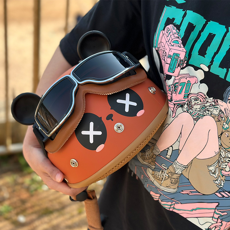 Motosiklet kaskı (dəbilqə): Motuoche Half Helmet Summer - brown-panda-gift-retro-goggles