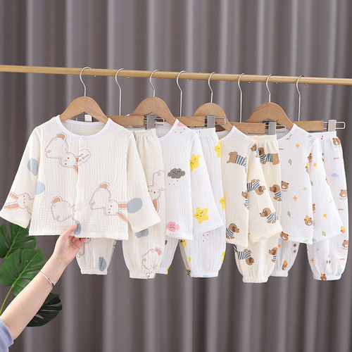 Summer Wear Double-layer Cotton Gauze Pajama Set for Infants and Toddlers, Boys and Girls, Long-sleeved Air Conditioning Suit, Summer Home Clothes