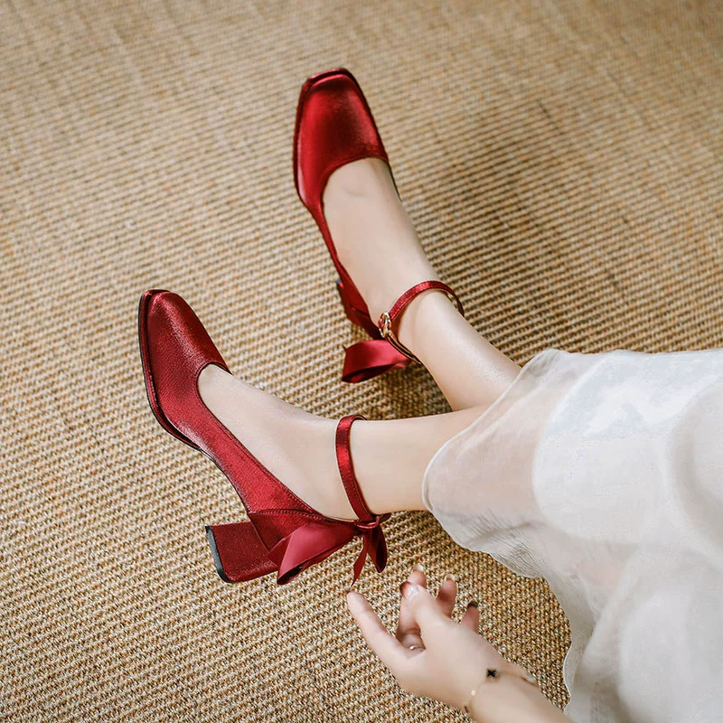 Красные свадебные туфли, туфли для невесты 2025, новые женские туфли на среднем каблуке, белые туфли для подружек невесты, туфли с бантом, квадратный носок, толстый каблук, высокие каблуки