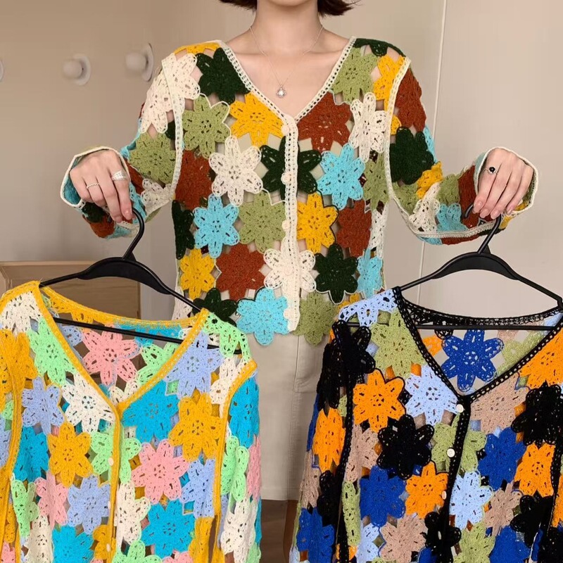 Real Shot of 2025 New Autum Bohemian Resort Style Flower Long-Sleeved Women's Loose Elegant Knitwear Cardigan