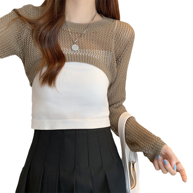 Suéter hueco corto ropa de mujer verano nuevo diseño manga larga protección solar blusa chal de seda de hielo