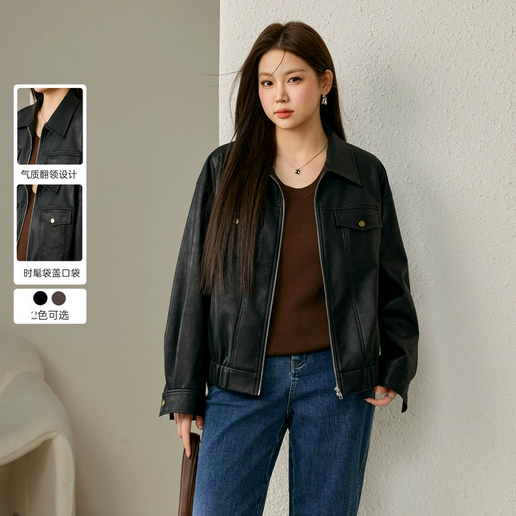 Полноценное шоу большой размер женской моды американский модный автомобильный костюм темпераментный лацканный PUpu кожаный пиджак жирный mm2024 осенний костюм новый