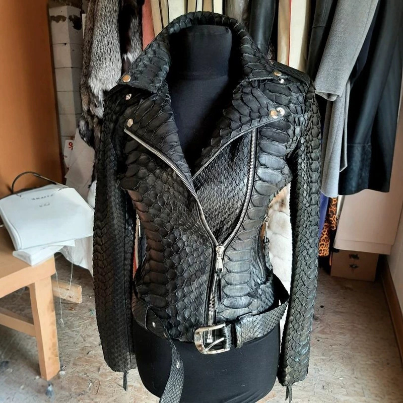 Cross-Border Autumn and Winter Women's Pu Leather Black Imitation Snakeskin Leather Motorcycle Jacket Jacket
