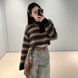 miu家简约条纹短款露脐少女装针织衫毛衣修身显瘦上衣高品质女装