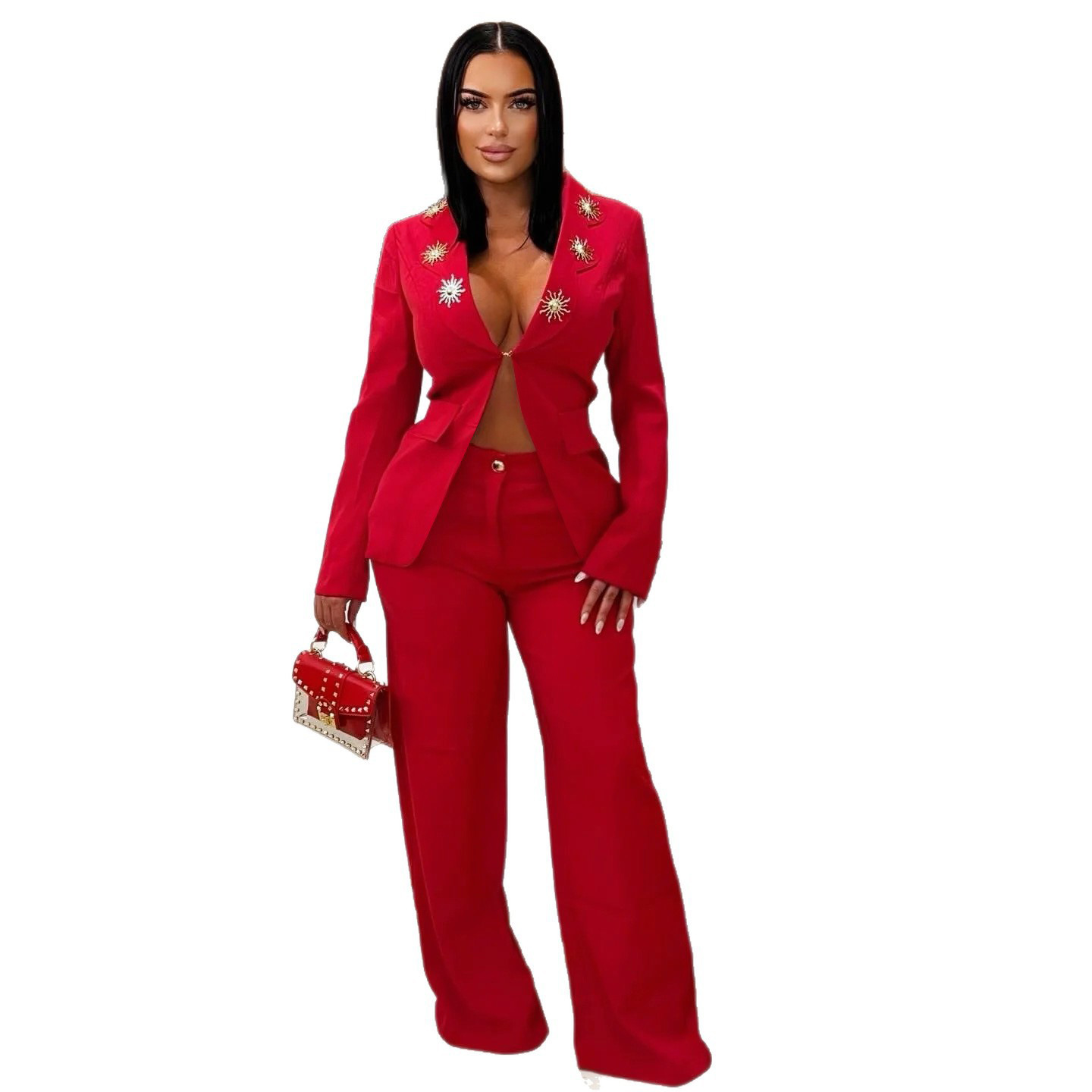 Completo elegante da donna con blazer e pantaloni a contrasto – Abbigliamento da ufficio in cotone elasticizzato, completo business casual (S-3XL, Nero/Bianco/Rosso, Abbigliamento da lavoro Euro-USA)_voghion.com