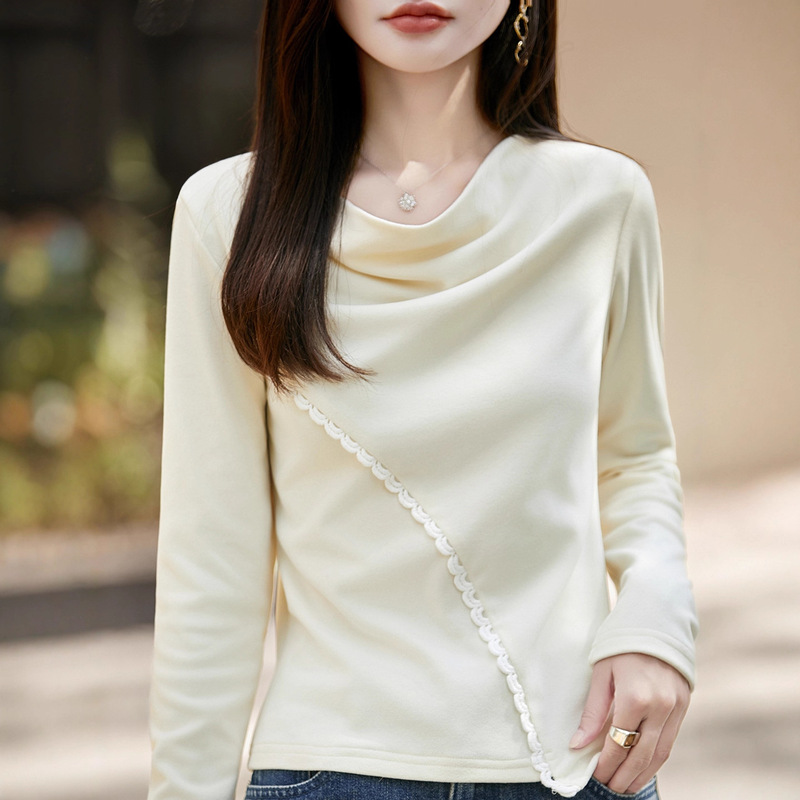 高级感荡领花边长袖T恤女2025秋季修身显瘦体恤打底衫设计感上衣|undefined