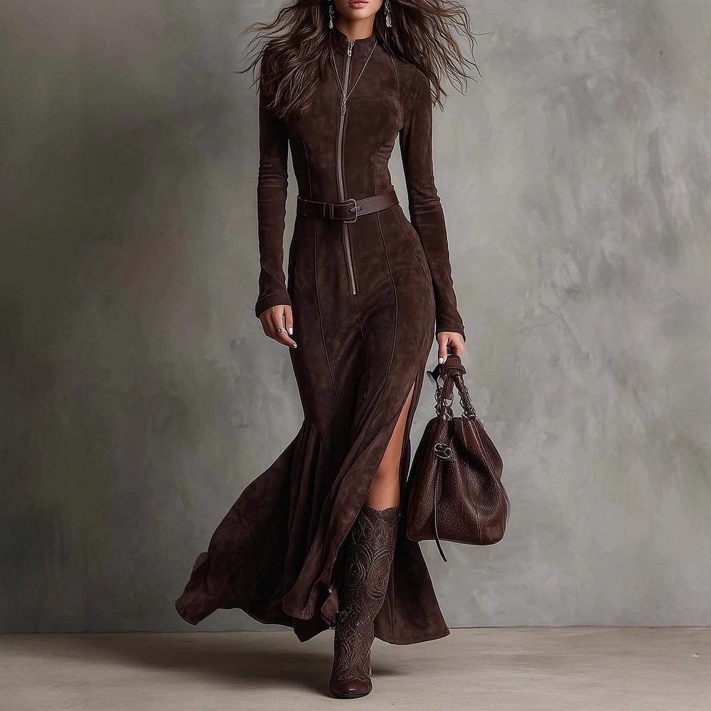黑暗风中长款连衣裙2025冬跨境热卖高品质气质优雅开叉带皮带拉链