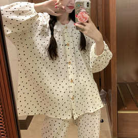 韩国ins韩版软棉亲肤可爱娃娃领宽松少女甜美蕾丝外穿长袖家居服