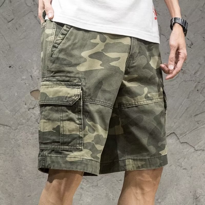 2023 American retro workwear shorts men's summer vibe camouflage casual pants loose trendy khaki shorts