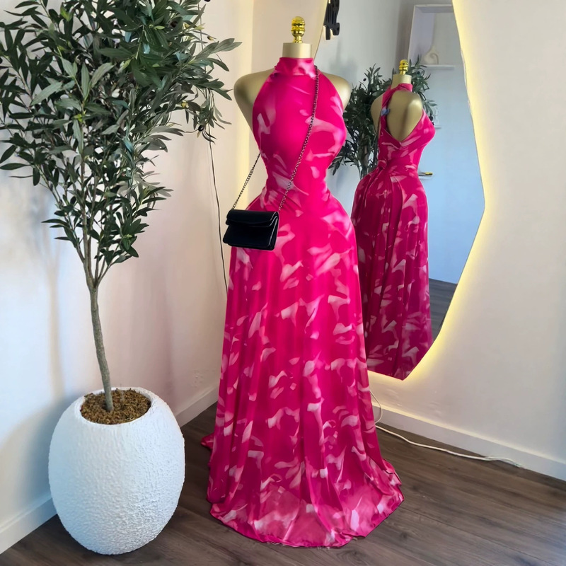 In-Stock 2026 European and American Women's Dress, Sleeveless Printed Sweet Holiday Dress, Elegant Belt, Large Hem Long Dress
