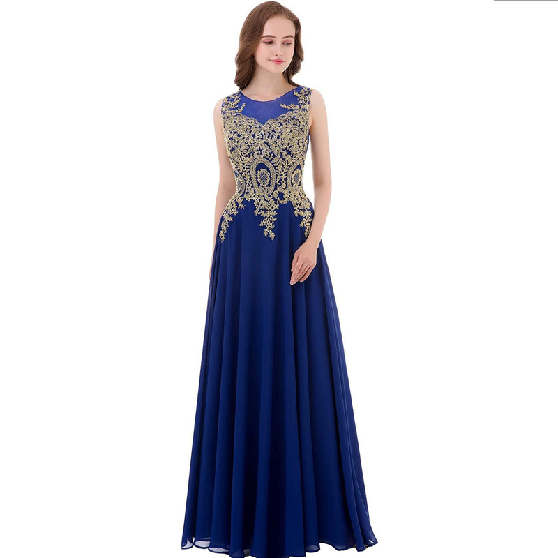 2025 Amazon Fashion Foreign Trade Dress Golden Lace Long Chiffon Women's Formal Slim Fit Ball Evening Dress