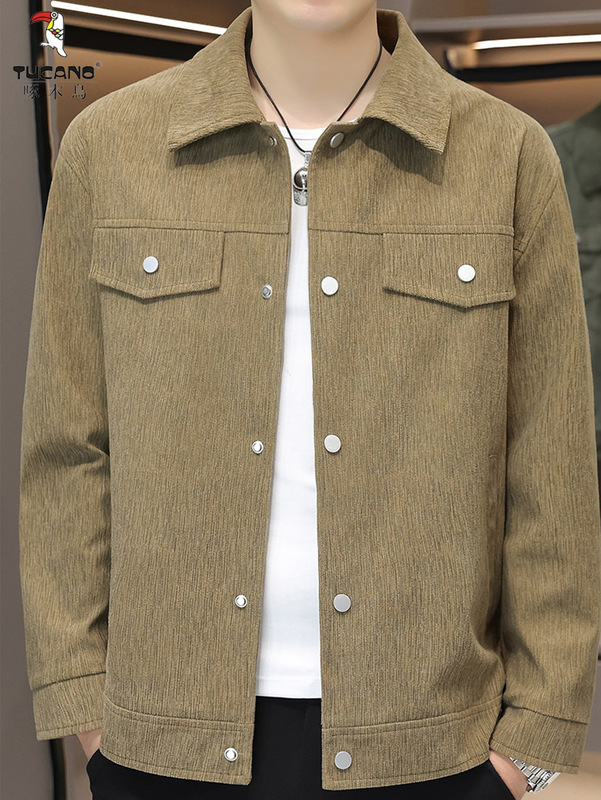啄木鸟翻领衬衫男款春秋休闲大码男装宽松加肥加大潮男装夹克外套|undefined