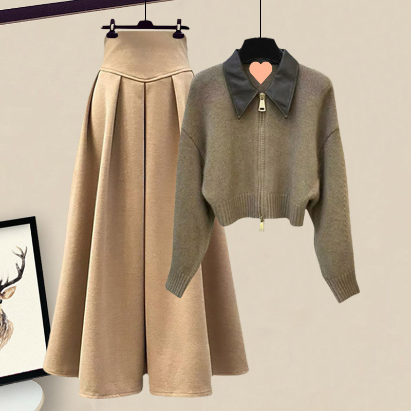 가을 세트 여성의 2023 새로운 플러스 사이즈 여성 칼라 지퍼 니트 카디건 하이 웨이스트 스커트 투피스 세트