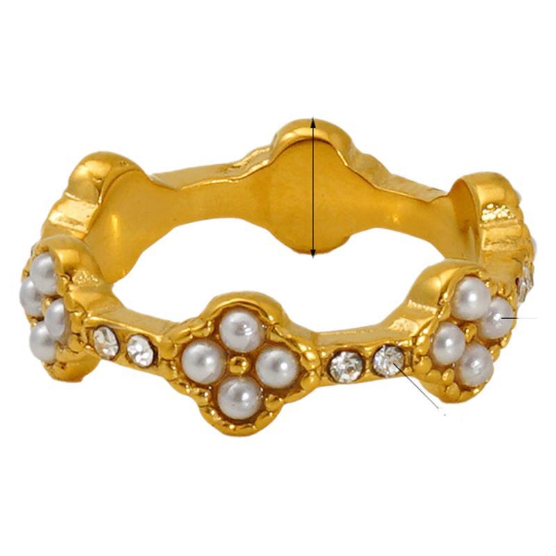 Anillo de trébol de cuatro hojas de acero inoxidable europeo y americano para mujer, personalidad de lujo ligera, anillo de perlas de todo fósforo, anillo de dedo de acero de titanio de alta calidad para mujer