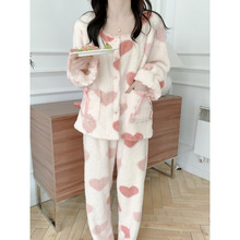 2025冬装新款加厚花边领蝴蝶结喇叭袖可爱毛毛爱心睡衣套装