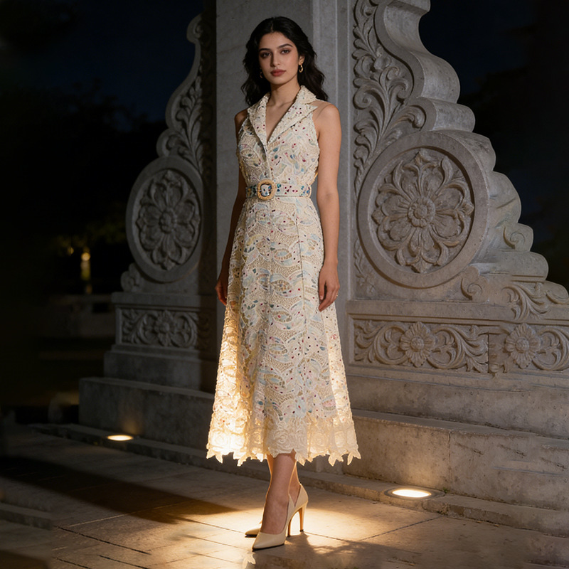 Monet Water Lily Oil Painting Color Series Lapel Sleeveless Belt Long Dress 2026 Summer New Lace Hollow Dress for Women