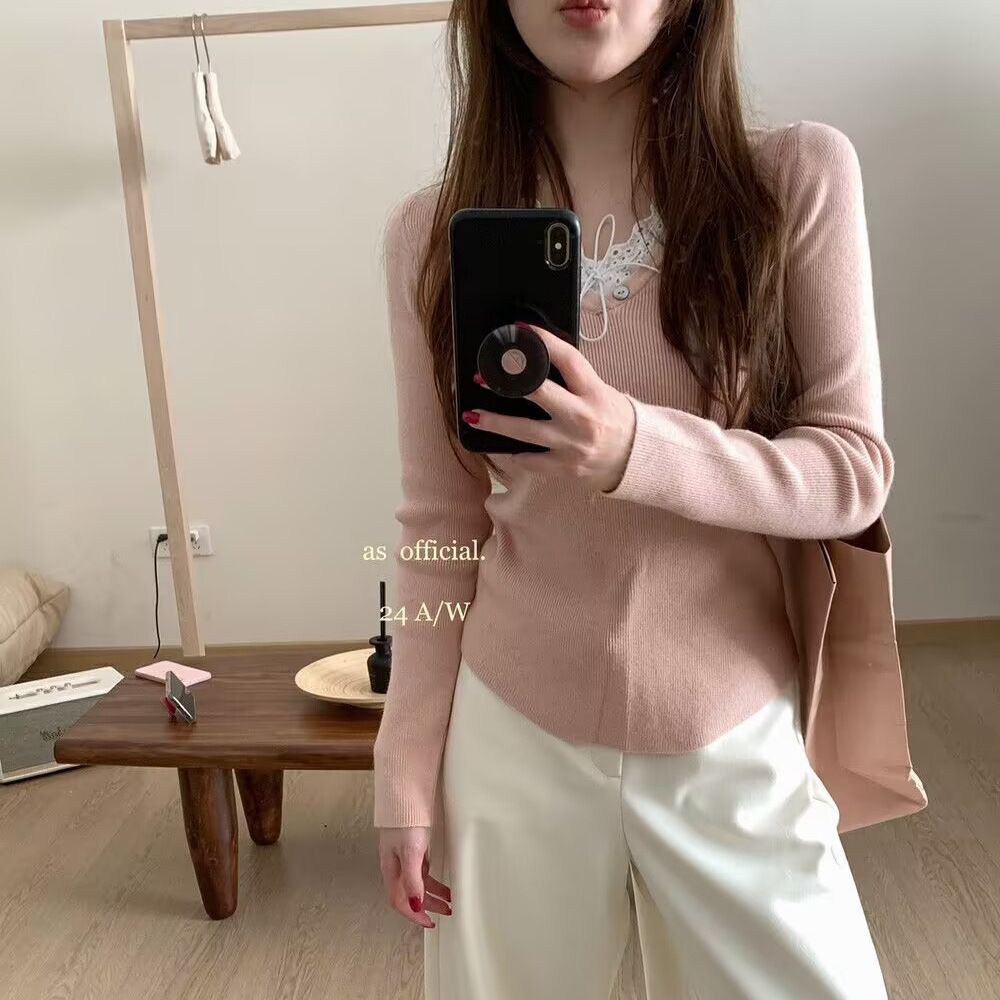 공식적인 가을과 겨울로 새로운 여성의 레이스 바느질 V-NECK 싱글웨어 니트웨어 여성용 11826