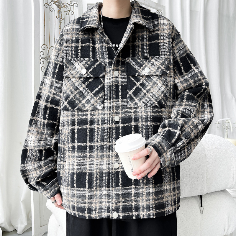 American Retro Plaid Men's Spring And Autumn Trendy High Street Vibe Baseball Style Shirt Jacket Coat_voghion.com