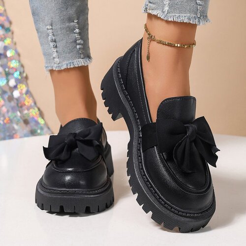 Women's Uncommon Black Loafers with Bow Ties, Thick Sole, Small Leather Shoes, Retro Single Shoes (Size 35-42)