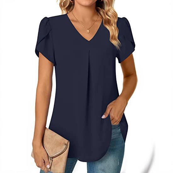 2023 estación independiente deseo Amazon popular verano simple mujer cuello en V pétalo manga camisa de las mujeres