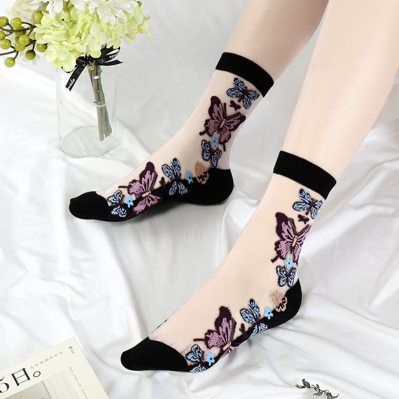 Women's Spring and Summer Thin Crystal Silk Stockings Embroidered Glass Silk Cotton Bottom Breathable Colorful Butterfly Cotton Socks Women's Spring and Summer Thin Crystal Silk Stockings Embroidered Glass Silk Cotton Bottom Breathable Colorful Butterfly Cotton Socks