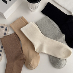 Brown Socks Women Mid-Calf Cotton Socks Autumn/Winter Plain Color Striped Versatile Korean Version Simple Academic Style Bunchy Long Socks