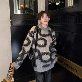 提花拉毛毛衣男美式复古慵懒风针织衫重磅绳索设计感小众情侣外套