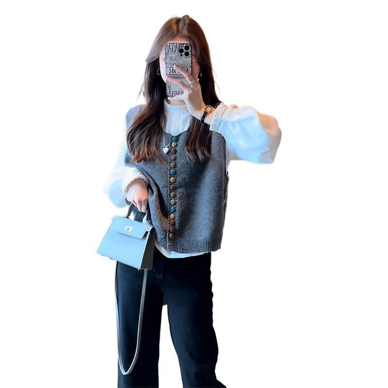 秋装女2025年新款时尚套装法式设计感长袖衬衫针织马甲阔腿牛仔裤|undefined