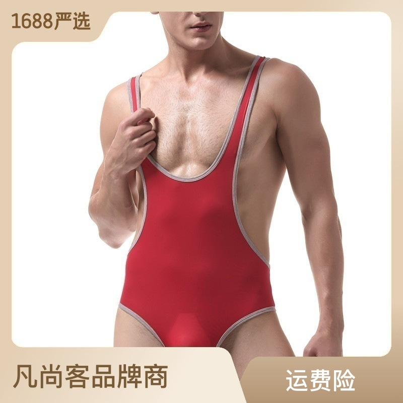 New Foreign Trade One-piece Underwear Ultra-thin Classic Wrestling Clothing Ice Silk Men's One-piece Pants Waist Functional Body Shaping Clothes