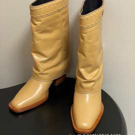 2025时尚方头中筒裤管靴女牛皮高跟不过膝宽筒长靴高筒骑士靴女