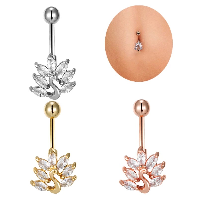 Nuovo anello a forma di fiore di pavone in zircone, piercing all'ombelico in acciaio inossidabile_voghion.com