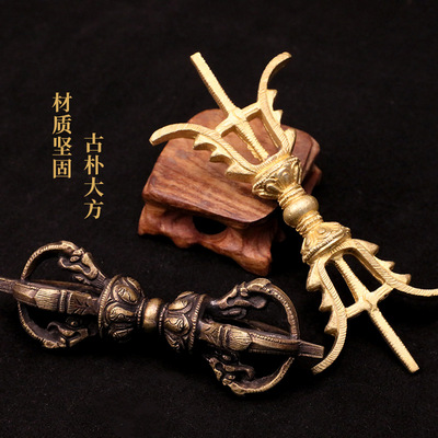 尼泊尔手工铜制五股金刚杵鎏金三叉杵藏式金刚铃配件复古铜杵摆件