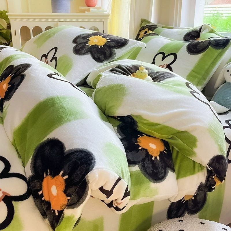 2025 nueva cama de terciopelo de leche de cuatro piezas de invierno de doble cara de terciopelo de flange sábanas de terciopelo de coral de tres piezas