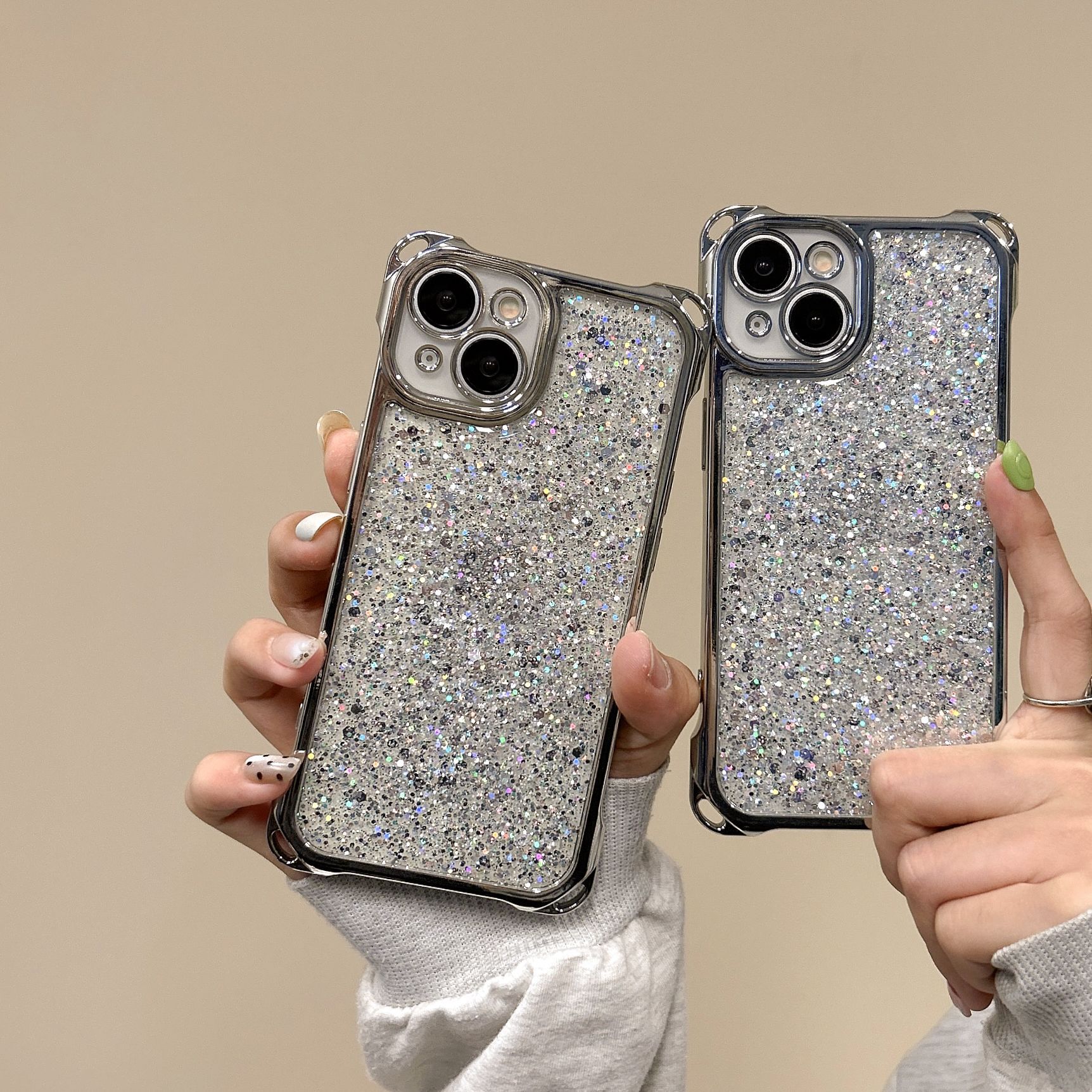 适用苹果15四角防摔挂绳16promax手机壳iphone13电镀14闪粉12套11