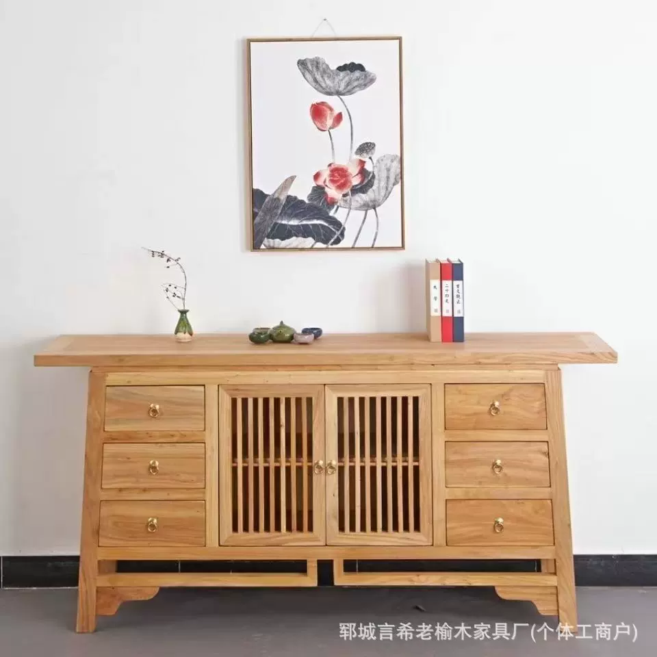 老榆木玄关柜新中式茶叶柜靠墙餐边柜客厅一体禅意实木家具置物柜