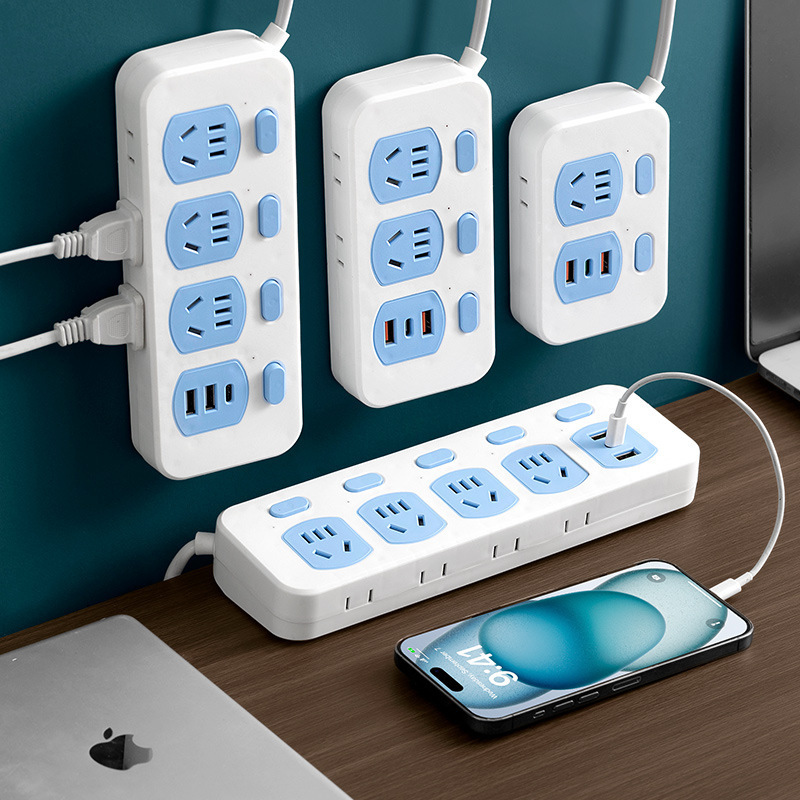 Hongting Multifunctional Smart Fast Charging USB Socket Panel Inclined Plug-In Strip Lightning Protection with Wire Porous Dormitory Plug-In Board