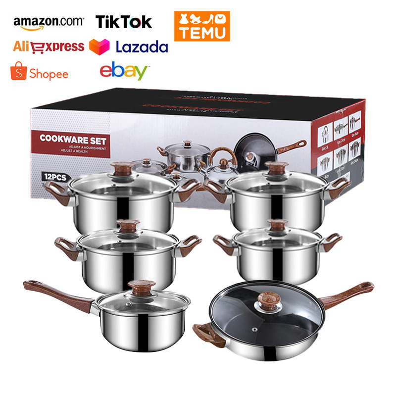 Cross-border Direct Selling 12PCS Stainless Steel Pot Wood Grain suit Cookware Milk Soup Pan Metal Cook Pot