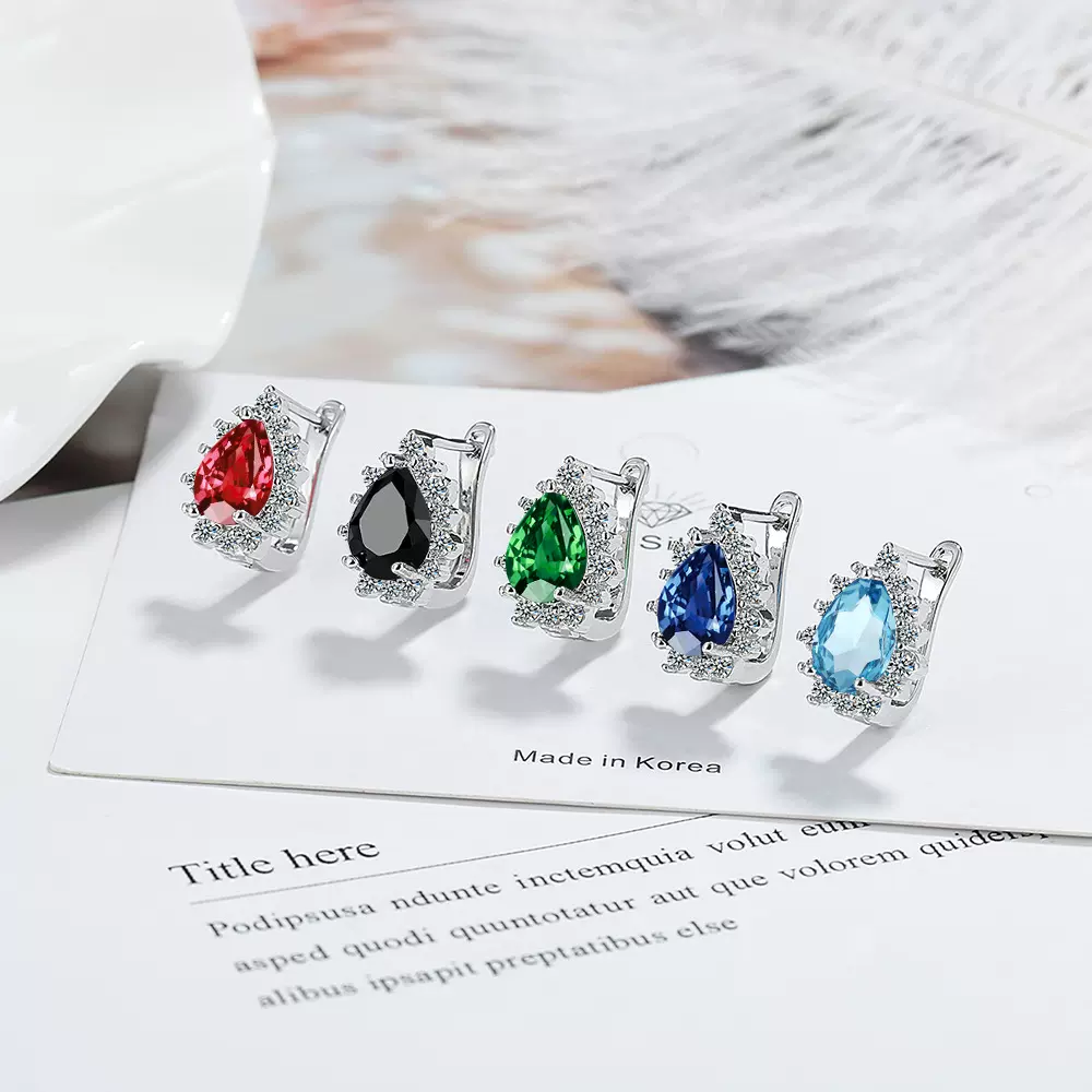 跨境闪耀水滴锆石耳扣法式优雅镀白金欧美耳环耳饰