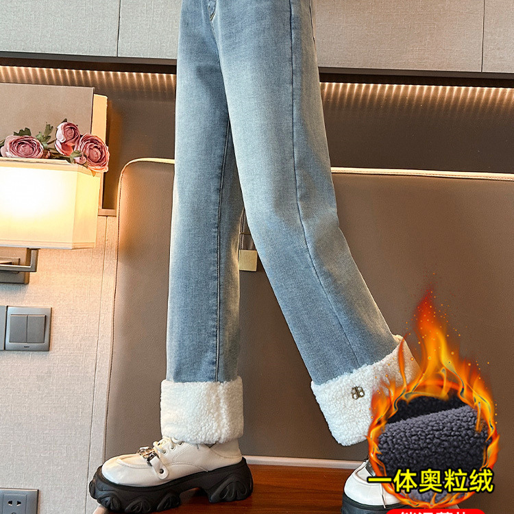 소녀 기모 바지 겨울 새로운 두꺼운 스트레이트 바지 어린이 청바지 따뜻한 큰 어린이의 가을과 겨울 느슨한 바지