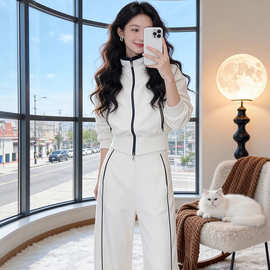 时尚潮流休闲套装女2026春新款长袖开衫外套高腰阔腿裤跑步两件套