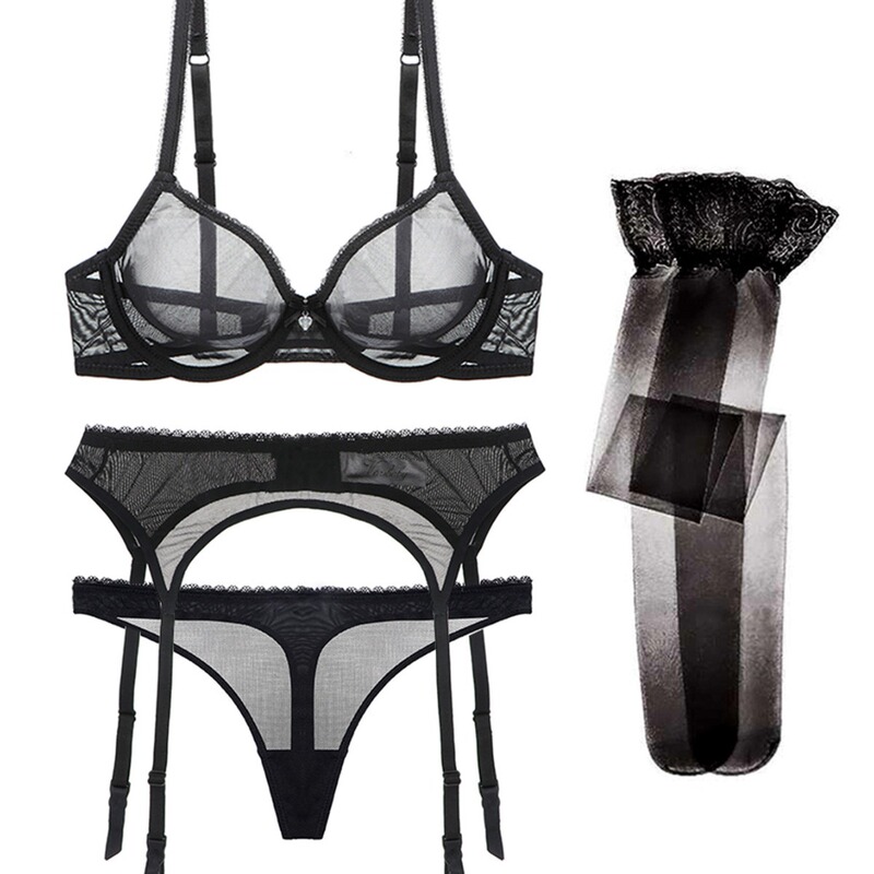 Independent station garter belt bra set lace non-slip sexy stockings women's black sexy bra multi-piece