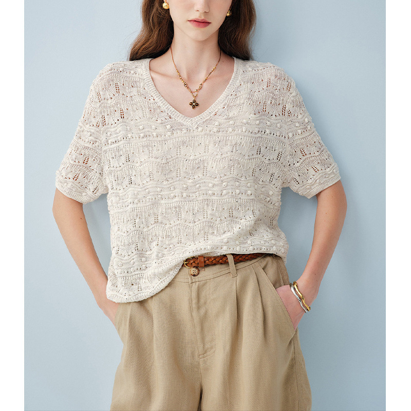 【Island*Order】New Summer Style Simple Off-White Knitted Sweater with V-Neck, Crochet Pattern, Breathable Hollow Design Top for Women