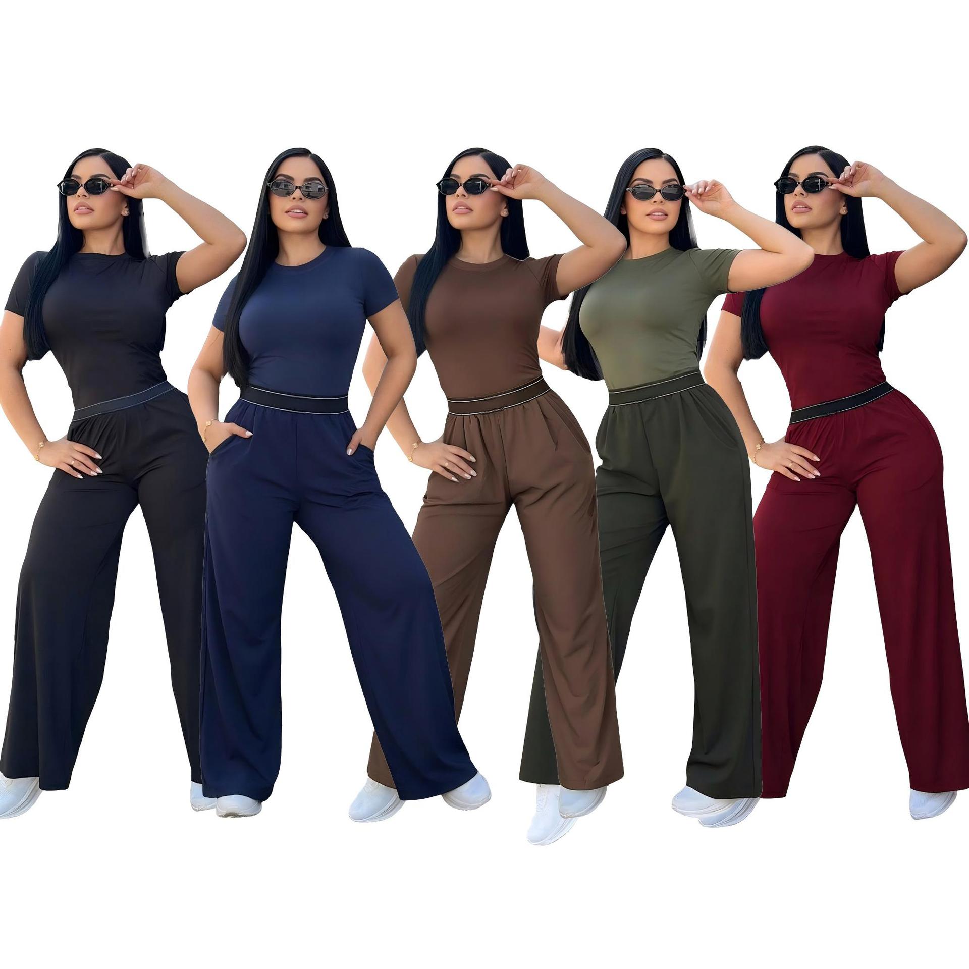 Summer American-style sports three-dimensional letter print round-neck fashion casual comfortable short-sleeve long pants wide-leg suit Q6343