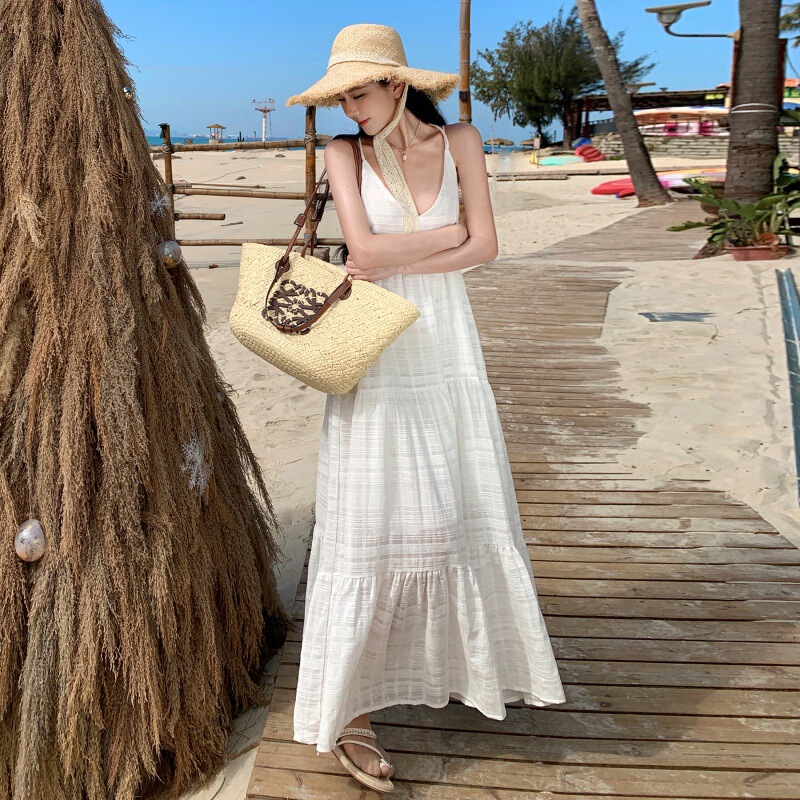 2024 Summer new backless dress women's long dress seaside travel holiday stitching strap charming dress