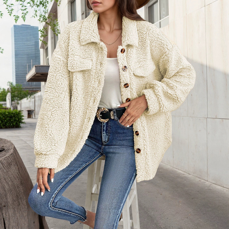 2025 Cross-Border Amazon New European and American Style Winter Open-Button Lapel Plush Coat, Loose-Fitting, Stylish, and Warm Jacket