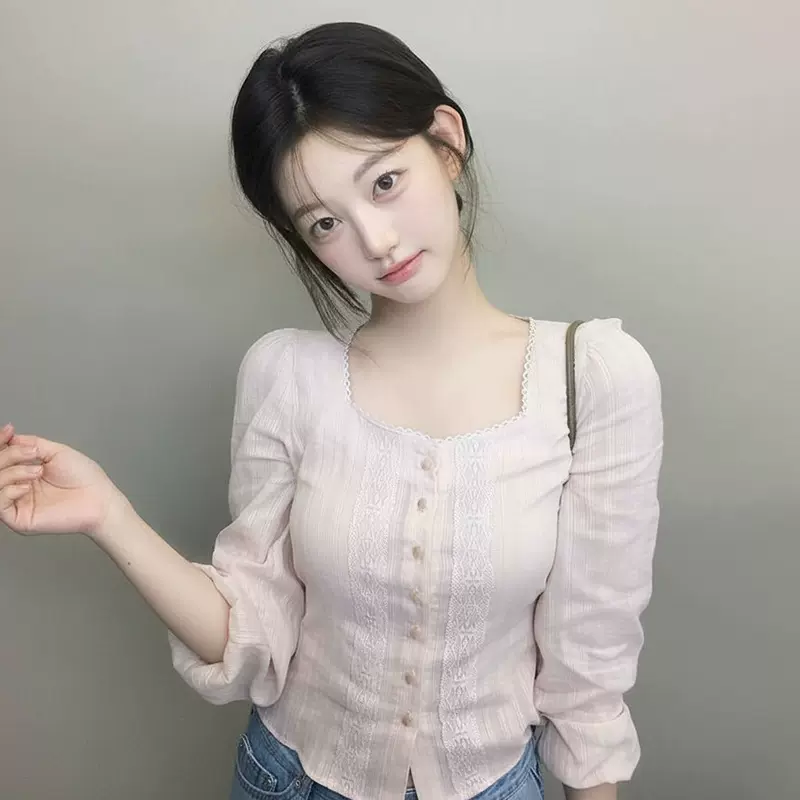 现货 珍珠扣刺绣衬衫女2025夏季修身显瘦单排扣长袖上衣zaen*o